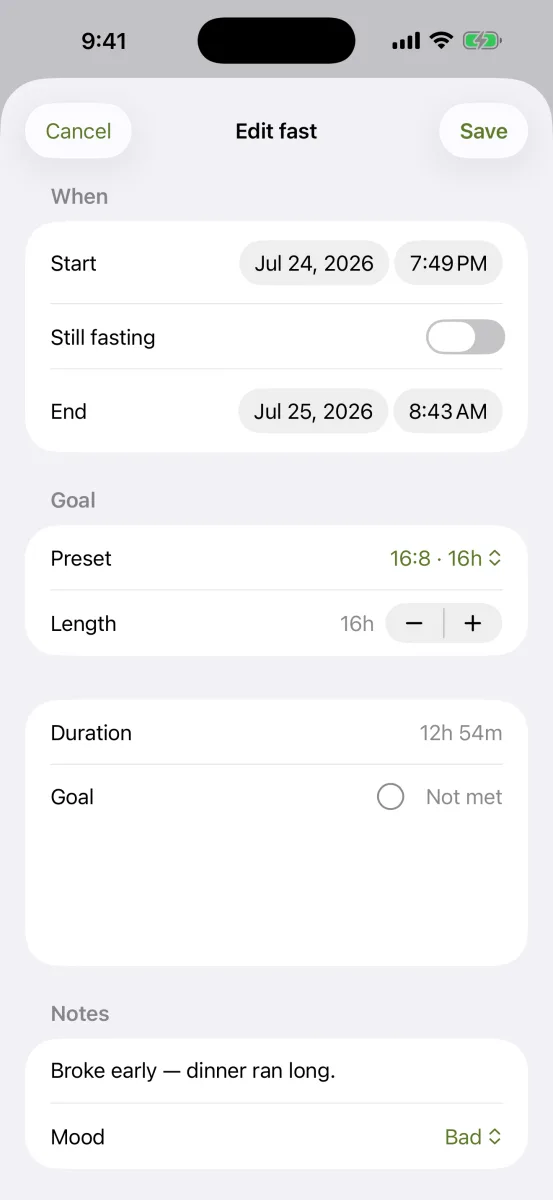 Fast editor sheet for adjusting or backfilling a fast's start and end time.