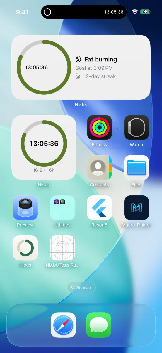 Home Screen widgets showing fasting progress.